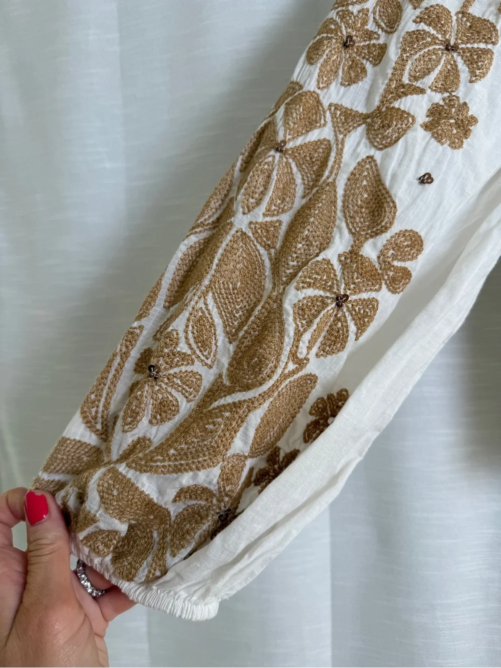 Anthropologie Embroidered Smocked Puff Sleeve Top Ivory | Size XS
